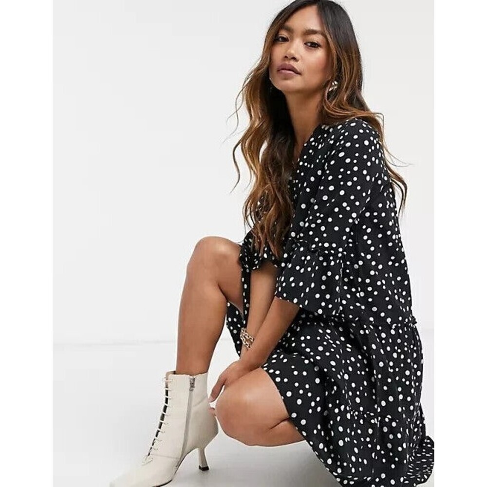 Vero Moda Women Black White Polka Dot Smock Mini Dress S